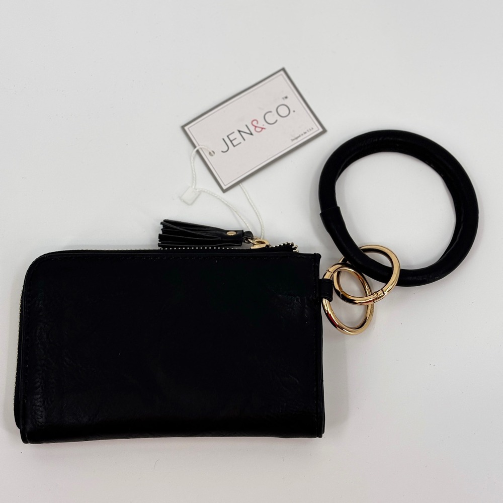Jen & Co Wristlet Wallet Women Black Vegan Leather Bangle Tassel M1973 BK